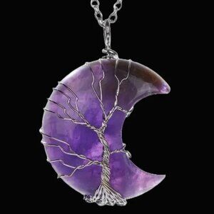 Amethyst Crescent Moon Natural Gemstone Tree Of Life Wire Wrap Pendant